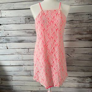 PINS & NEEDLES spaghetti strap lace hot pink & white mini dress size M